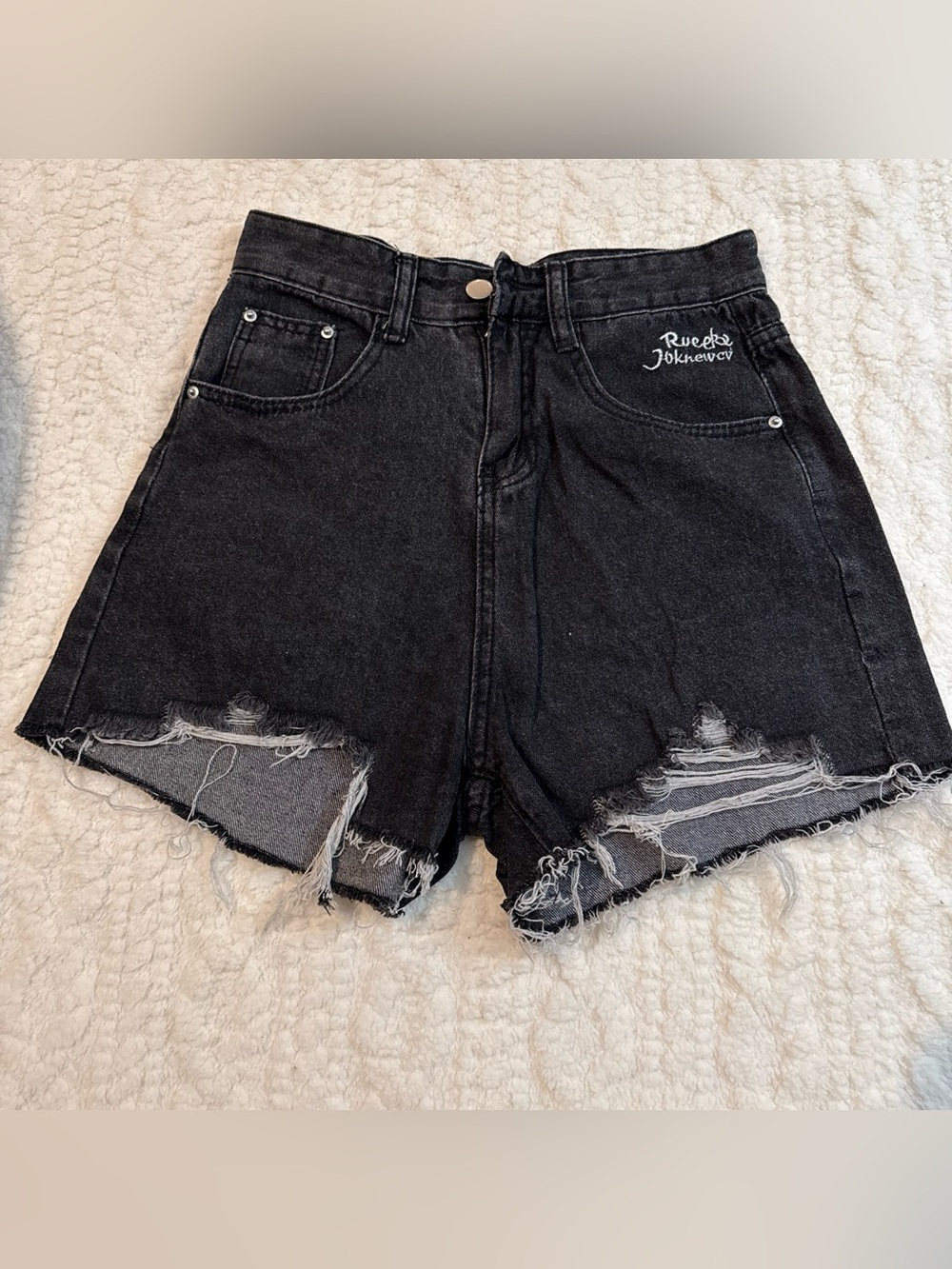 Black High-Waist Denim Shorts with Colorblock Face Patch - Picture 3 of 3